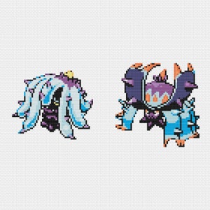 May include: Two pixel art characters with a purple and blue color scheme. The character on the left has long, flowing blue hair with purple accents and a yellow crown. The character on the right has a purple head with blue and orange accents and a black body.