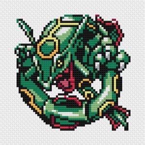 May include: Pixelated cross-stitch design of a green dragon-like creature with yellow and red accents. The creature has a serpentine form with a detailed head and open mouth. The design is on a white background, showcasing the vibrant colors.