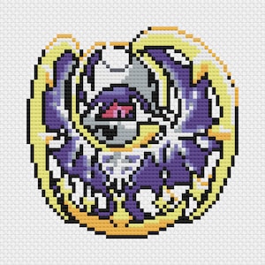 May include: A cross-stitch pattern featuring a pixelated creature with a purple and white body, a prominent red eye, and a glowing yellow circular border. The design is set against a white grid background, showcasing intricate needlework details.