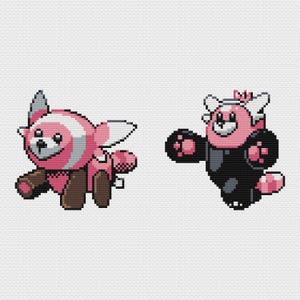May include: Two pixel art images of cartoon bear-like creatures. One is pink and white with brown legs, the other is pink and black. The creatures have large paws and ears, and are set against a white background.