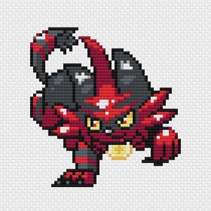 May include: Cross-stitch design featuring a creature in red, black, and yellow pixels. The creature has a spiky tail, large ears, and a determined expression. The background is white.