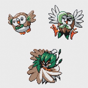 May include: Three pixel art images of owl-like creatures in various poses. The owls feature brown, green, white, and orange coloring. The image is set against a white background, with a grid-like pattern.