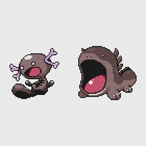 May include: Two pixel art creatures, one brown with purple antlers and a pink mouth, the other a larger brown creature with a wide open mouth and pink tongue. The creatures are set against a white background.