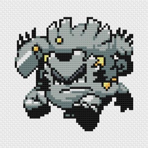 May include: Pixelated image of a gray creature with black and yellow accents, possibly a monster or character from a video game. The creature has a spiky head and a detailed, textured appearance, set against a white background.