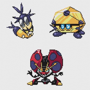 Puede incluir: Ilustraciones pixeladas de tres criaturas únicas. La criatura superior izquierda es amarilla y morada con rasgos puntiagudos. La criatura superior derecha es una forma geométrica amarilla con ojos azules. La criatura inferior es roja, negra y amarilla con un diseño similar a una mariquita.