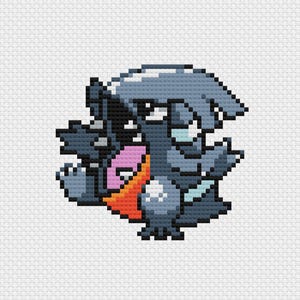 May include: A cross-stitch style image of a creature with a dark grey body, wings, and head. The creature has a pink mouth and an orange beak. The background is white, and the image has a pixelated appearance.