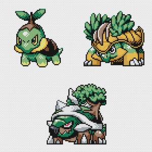May include: Pixel art of three different turtle-like creatures. The first is green and yellow with a sprout on its head. The second is yellow, green, and brown with a spiky head. The third is green, white, and brown with a tree-like structure on its back.