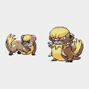 May include: Two pixel art illustrations of a brown and yellow Pokémon. The Pokémon on the left is smaller and has a yellow tail. The Pokémon on the right is larger and has a yellow tail and a yellow mane.