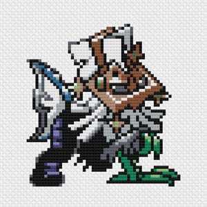 May include: Pixelated image of a character in a fighting stance. The character has a brown and white head, a white outfit, and black pants. The character is also wearing a green and white shoe.