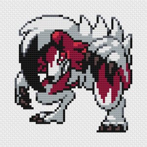 May include: Pixelated image of a wolf-like creature in a cross-stitch style. The creature features a color palette of red, black, white, and gray. The design is reminiscent of a video game character or a piece of retro art.