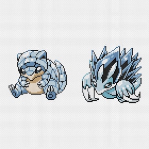 May include: Two pixel art illustrations of blue and white Pokémon characters. The first character is a blue and white turtle-like Pokémon with a brown belly. The second character is a blue and white Pokémon with a spiky back and a white face.