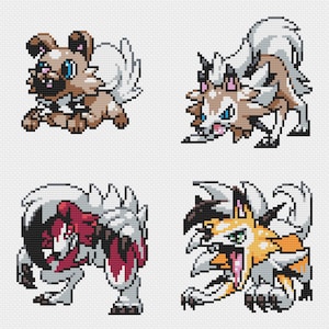 May include: Four pixel art illustrations of different forms of a Pokemon, a dog-like creature. The first image shows a brown and white dog-like Pokemon with a fluffy tail. The second image shows a brown and white dog-like Pokemon with a fluffy tail and a more aggressive expression. The third image shows a red and white dog-like Pokemon with a fluffy tail and a more aggressive expression. The fourth image shows a yellow and white dog-like Pokemon with a fluffy tail and a more aggressive expression.