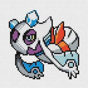 Puede incluir: Diseño de punto de cruz pixelado que representa una criatura estilizada. El diseño utiliza una paleta de blanco, azul, morado y naranja. La imagen tiene una apariencia pixelada, con un patrón de cuadrícula.