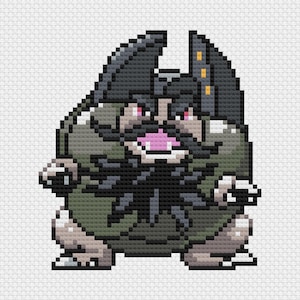 May include: Pixelated cross-stitch design of a cartoon creature with a dark gray head and large ears. The creature has a green body, pink mouth, and red eyes. The design is on a white background.