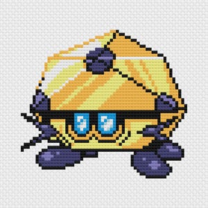 Puede incluir: Imagen pixelada de una criatura amarilla y naranja con gafas de sol. La criatura tiene una cabeza en forma de caparazón y detalles morados en las patas y otras partes. Las gafas de sol tienen lentes azules y blancos.