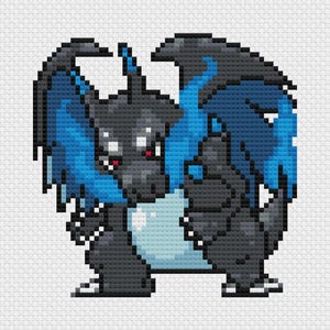 May include: A pixelated image of a dragon-like creature in black and blue. The creature features large wings, red eyes, and a light blue orb on its chest. The design is reminiscent of cross-stitch or pixel art.