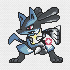 May include: Pixelated cross-stitch design of a Lucario character in shades of blue, black, white, red, and yellow. The character is in a dynamic pose, with its arms and legs spread. The background is a white grid.