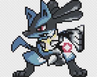 Patrón de punto de cruz de Lucario: Sprite de juego retro (Descarga PDF)