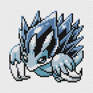 May include: A cross-stitch design depicting a blue and black creature with spiky details and claws. The pixelated image has a retro video game aesthetic, set against a white backdrop. The creature has a determined expression.