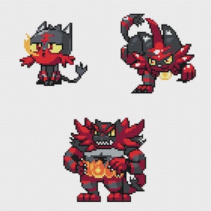 May include: Three pixel art images of a red and black fire-type Pokemon. The first image shows a small Pokemon with a flame on its head. The second image shows a larger Pokemon with a flame on its back. The third image shows the largest Pokemon with flames on its back and chest.