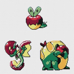 Puede incluir: Arte pixelado de tres criaturas diferentes. La criatura superior es una manzana con hojas verdes. La criatura inferior izquierda es verde, roja y amarilla. La criatura inferior derecha es verde, amarilla y roja.