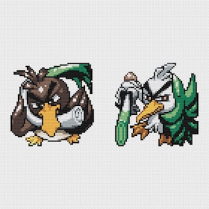 May include: Two pixel art images of bird-like creatures. One is brown with a yellow beak and a green crest. The other is white and grey with a yellow beak and green accents, holding a weapon. Both have an angry expression.