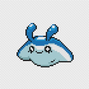 May include: A pixelated image of a blue and white manta ray-like creature. The creature has large, expressive eyes and two rounded antennae. The design is reminiscent of cross-stitch or pixel art, with a simple, charming aesthetic.