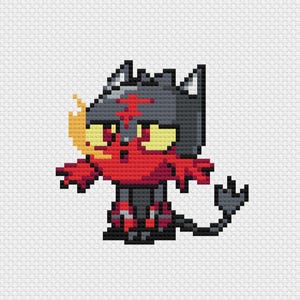 May include: A cross-stitch design depicting a cat-like creature in pixel art style. The creature is predominantly red and black, with yellow eyes and a flame detail. A red cross is on the forehead. The design is on a white background.