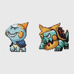 Peut inclure: Deux images en pixel art de créatures ressemblant à des tortues. La première est bleu clair avec des accents orange, un visage souriant et une carapace bleue. La seconde est turquoise avec des accents orange et marron, une expression sévère et une carapace épineuse.