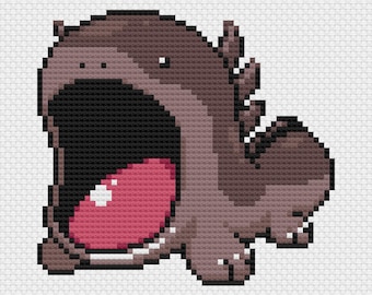 May include: Pixelated illustration of a brown hippopotamus-like creature with a wide open mouth and a pink tongue. The creature has small ears and a tail. The image is created with a cross-stitch pattern on a white background.