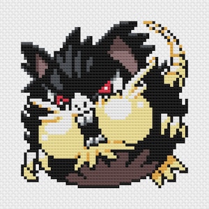 May include: Pixelated image of a creature with black fur, red eyes, and yellow accents. The creature has a spiky appearance and a menacing expression. The artwork is done in a cross-stitch style, with a white background.