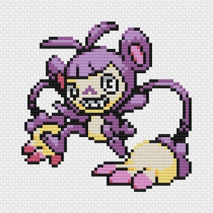May include: A pixelated cross-stitch design of a cartoon character in shades of purple, pink, yellow, and white. The character has large ears, a toothy grin, and outstretched arms. The background is a white fabric.