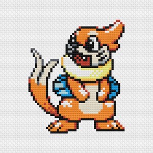 May include: Pixelated cross-stitch design of an orange and cream-colored cartoon otter-like creature with a yellow collar and blue accents. The creature has a white belly, black eyes, and a playful expression. The background is white.