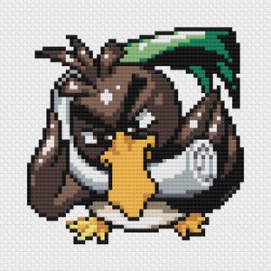 May include: Pixelated image of a brown bird with white details, clutching a yellow scroll. The bird features a green leaf on its head, set against a white backdrop. The style resembles cross-stitch or pixel art.