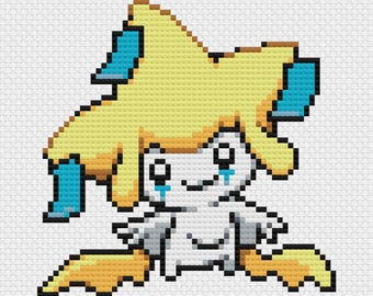 May include: Pixelated image of a white creature with large yellow hair and blue accents. The creature has a sad expression with blue tears. The pixel art style gives it a retro video game aesthetic.