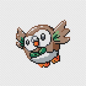 May include: A pixelated image of a flying owl-like creature with brown, white, orange, green, and gray colors. The creature has large eyes and outstretched wings, and is set against a white background.