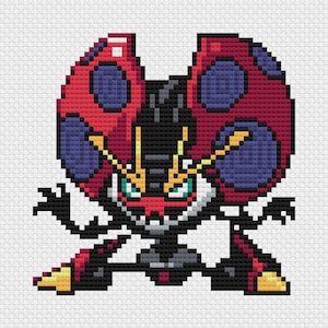 Puede incluir: Diseño de punto de cruz pixelado de una criatura con cuerpo rojo y negro, grandes alas rojas con lunares azules y detalles amarillos. La criatura tiene ojos verdes y está sobre un fondo blanco.