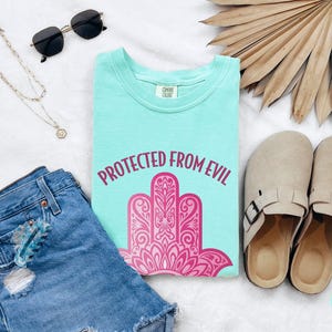 Pink Hamsa Hand T-Shirt: Boho Spiritual Tee, Funny Graphic Design Chalky Mint