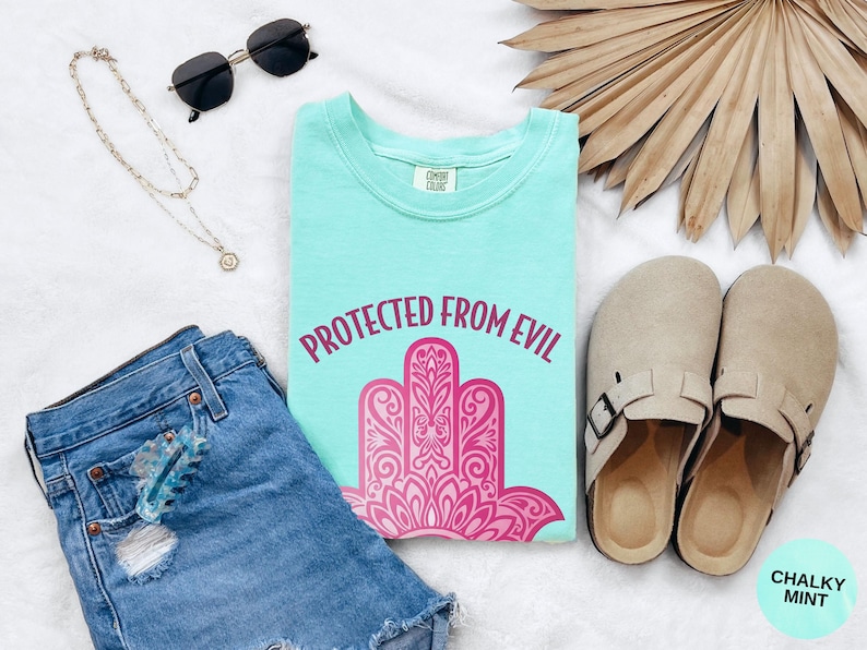 Pink Hamsa Hand T-Shirt: Boho Spiritual Tee, Funny Graphic Design Chalky Mint