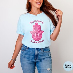 Pink Hamsa Hand T-Shirt: Boho Spiritual Tee, Funny Graphic Design Chambray