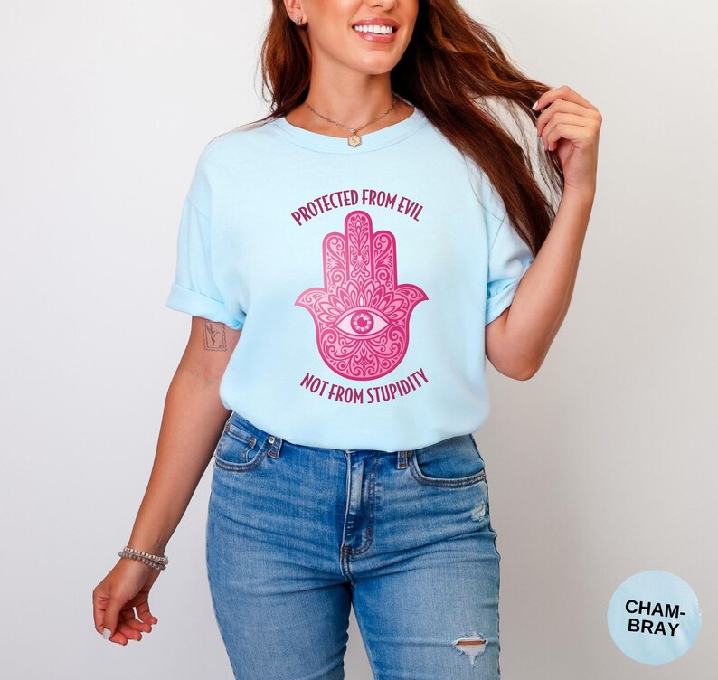 Pink Hamsa Hand T-Shirt: Boho Spiritual Tee, Funny Graphic Design Chambray