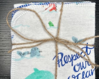 Guardanapos de tecido reutilizáveis com estampa oceânica | Conjunto de 4 toalhas de flanela de algodão