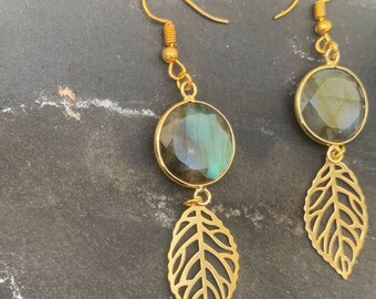 Labradorite Crystal Leaf Earrings