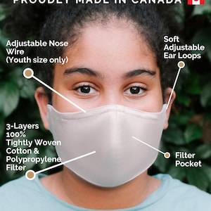 May include: A white face mask with adjustable nose wire and ear loops. The mask has a filter pocket and is made with three layers of tightly woven cotton and polypropylene. The mask is labeled "Proudly Made in Canada".