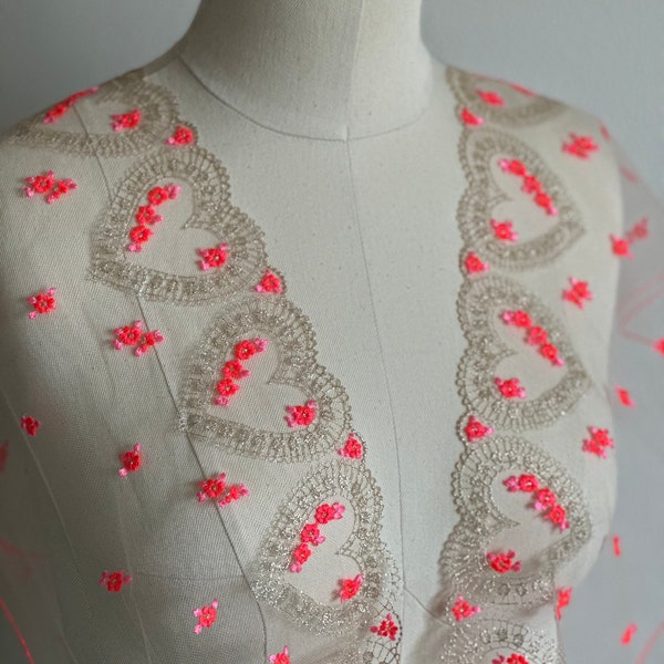 8 inches Shimmery Gold heart embroidered lace with bright pink flowers