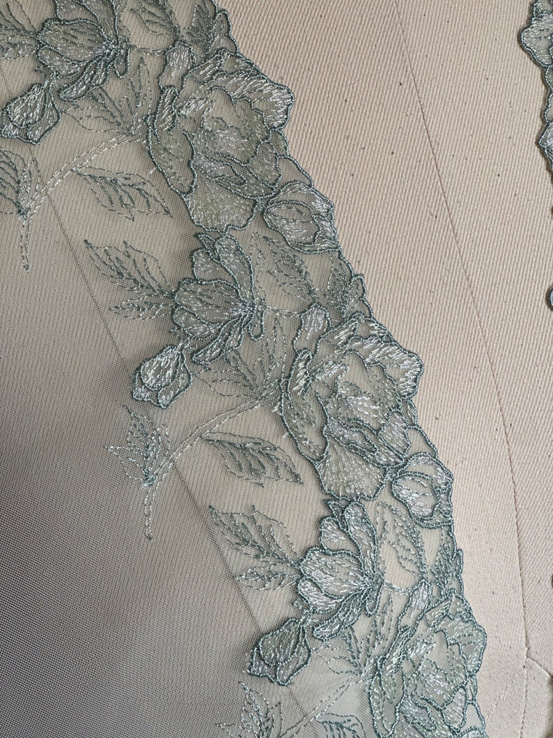 6 inches Mossy green floral embroidered tulle trim image 3