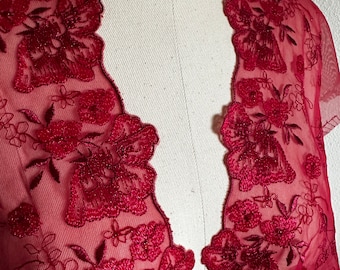 7 inches Red floral lurex embroidered tulle trim