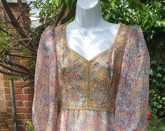 Vintage 70s 'Kati at Laura Phillip's Floral Gold  Paisley Chiffon Maxi Dress Size UK 14