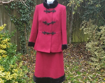 Vintage Mark Russell Deep Red Burgundy Wool & Black Fur 2 Piece Skirt Suit - UK 14