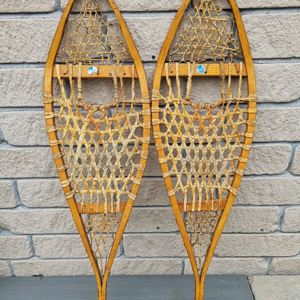 Vintage Canadian Wooden Snowshoes, 41"*11.5”, Sports Experts, webbing damage, frame good